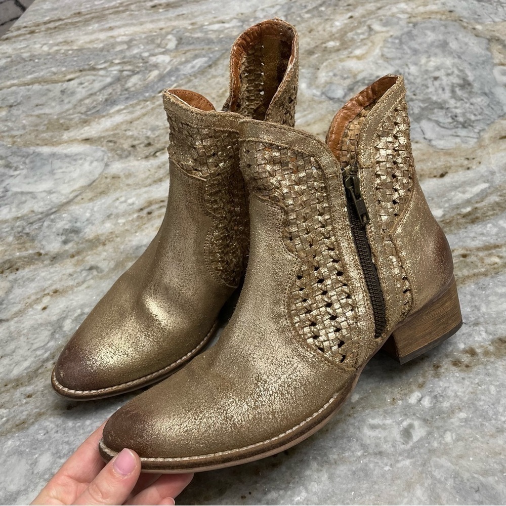 Seychelles, Flip a Coin Gold Suede Cowboy Bootie Distressed Leather - Picture 3 of 11